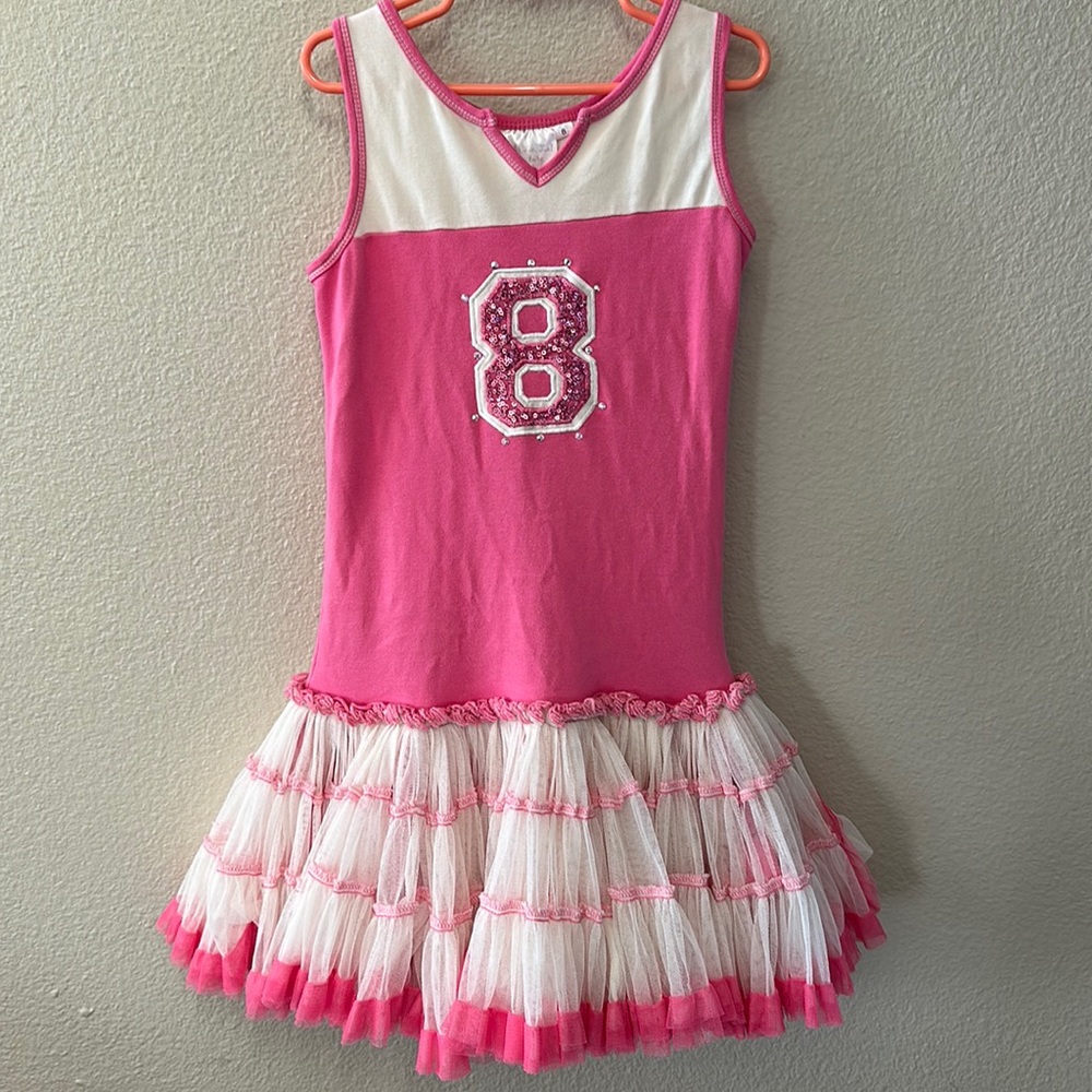 Ooh! La, La! Couture Pink and White Tiered Tulle Dress with Sequin '8'
